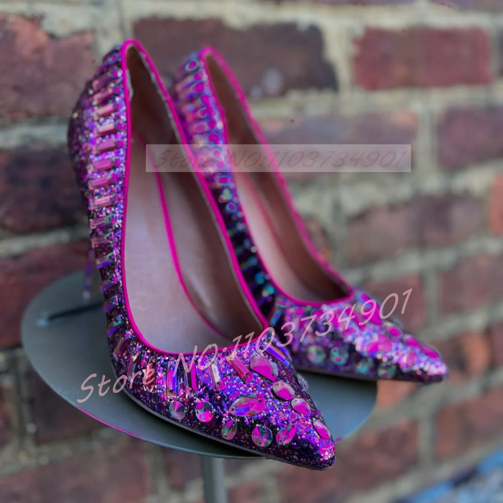 Purple Glitter Pumps Women Party Bling Crystals Pointed Toe Slip-on Pumps Female Big Size Sexy 2026 New High Heels Shoes