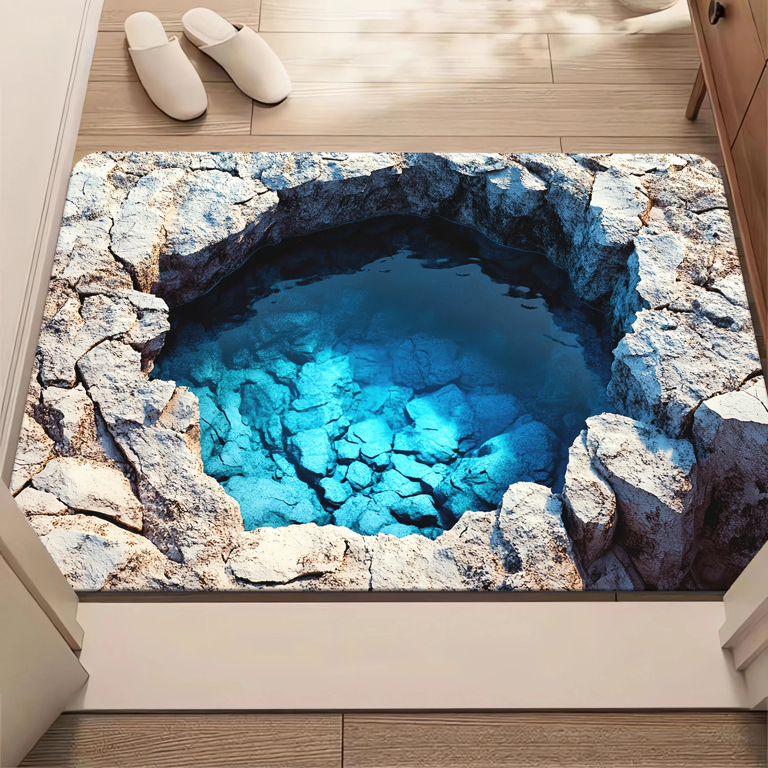 1pc Realistic Water Pond Design Non-Slip Door Mat - Absorbent Ultrafine Fiber Polyester Mat with Blue Water Effect and Rock Text