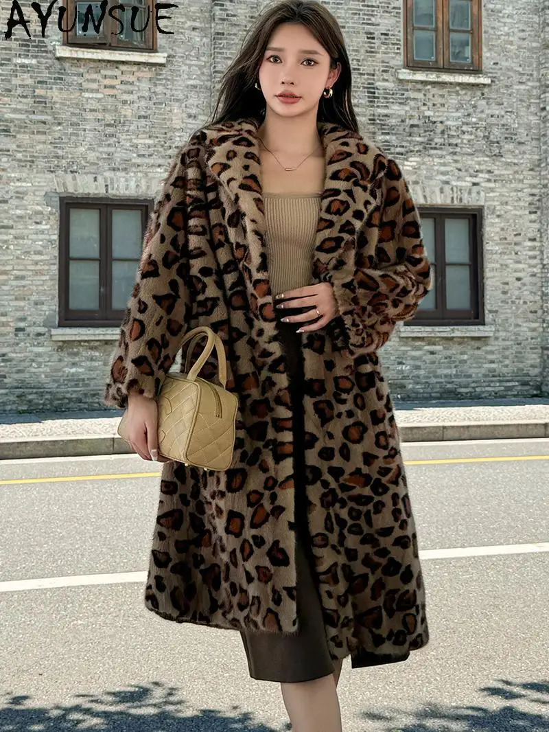 AYUNSUE Naturalny płaszcz z futra norek damski modny płaszcz z prawdziwego futra w panterkę dla kobiet wysokiej jakości odzież zima 2025 Шуба Женская