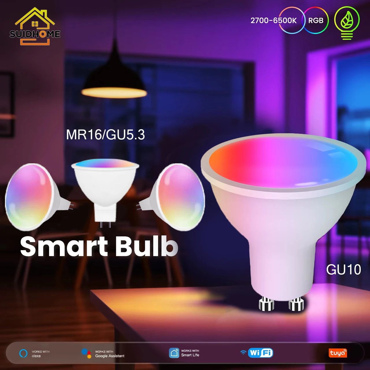 Suidhome Tuya WiFi Smart Bulb Dimmable Led Light 16 Million RGB Colors GU10  MR16/GU5.3  Lamp Voice Control Alexa Google Home