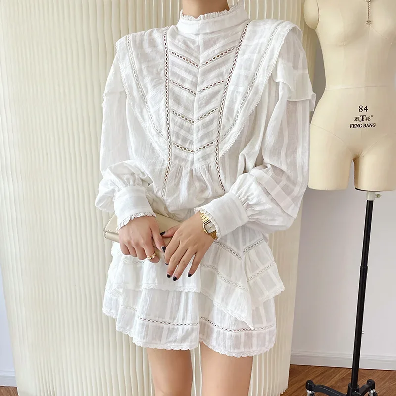 Hole Ruffle Detail White Loose Cotton Blouse for Women Fashion Elegant Long Sleeve Shirt Stand Collar Casual Summer Tops VERLENA