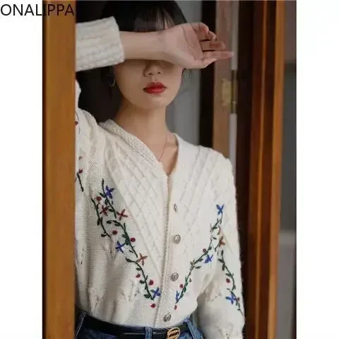 Onalippa Vintage Embroidery Hook Flower Knitted Cardigan V Neck Slouchy Style Puff Long Sleeves Cardigans French Chic Sweater