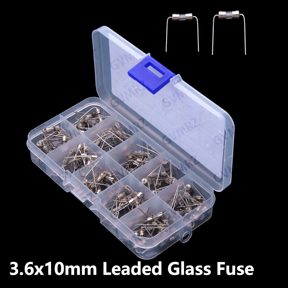 10Values ​​100PCS 0.5A 10A 3.6x10mm Leaded Glass Fuse Tubes 0.5A/10A Straight Through-hole 250V Kit 3.6x10mm