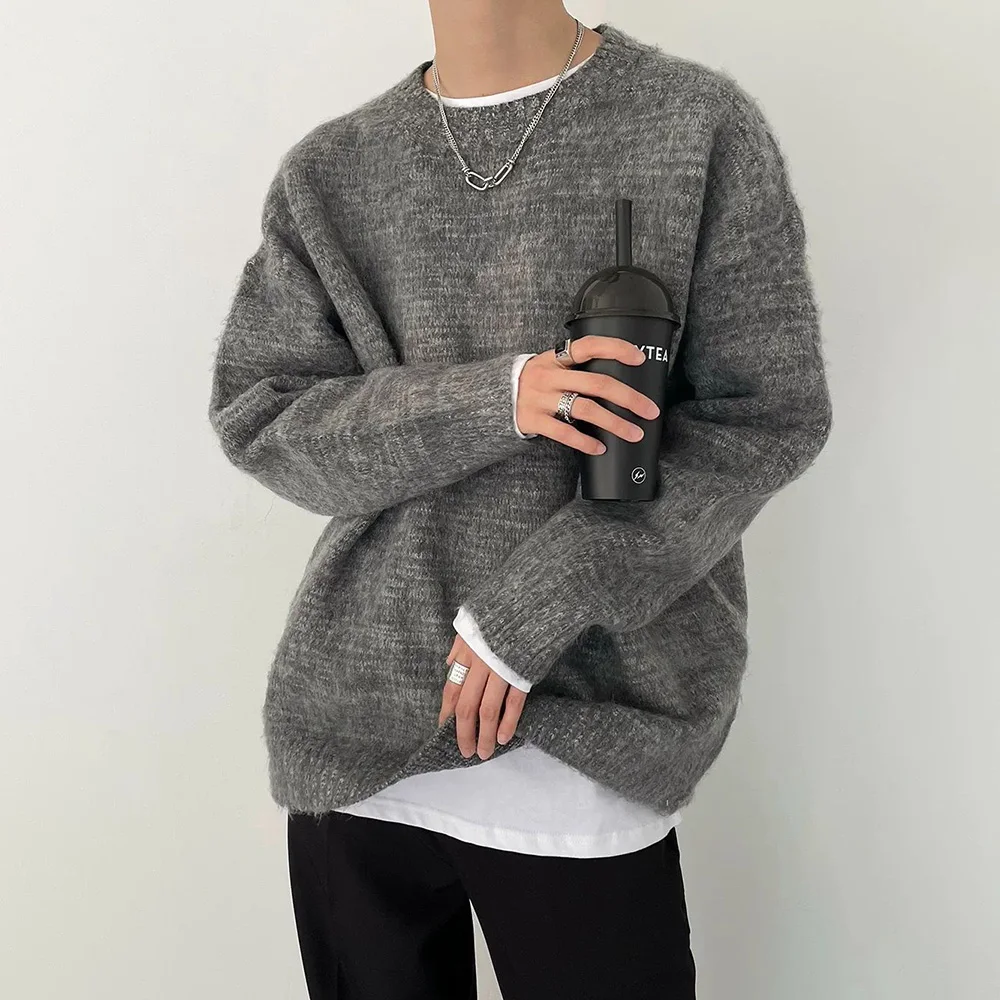 Mens Sweater Fuzzy Knit Korean Retro Soft Sweater Trend Cozy Texture Easy Fit Autumn Basic Casual Unisex Top Men\'s Clothing 2024