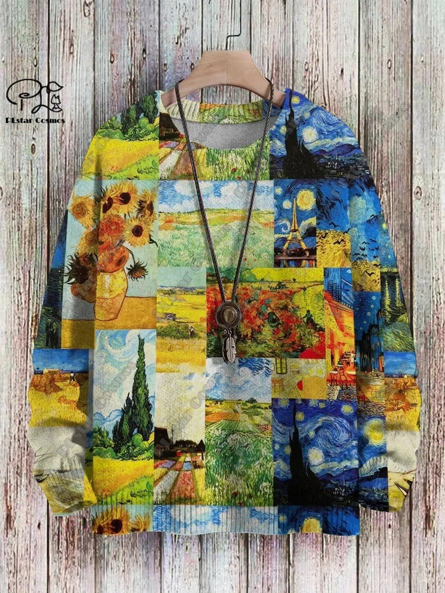 3d Geprinte Retro Kunstcollectie Abstract Landschap Bloemenpatroon Lelijke Trui Casual Unisex Winter Trui Y-2