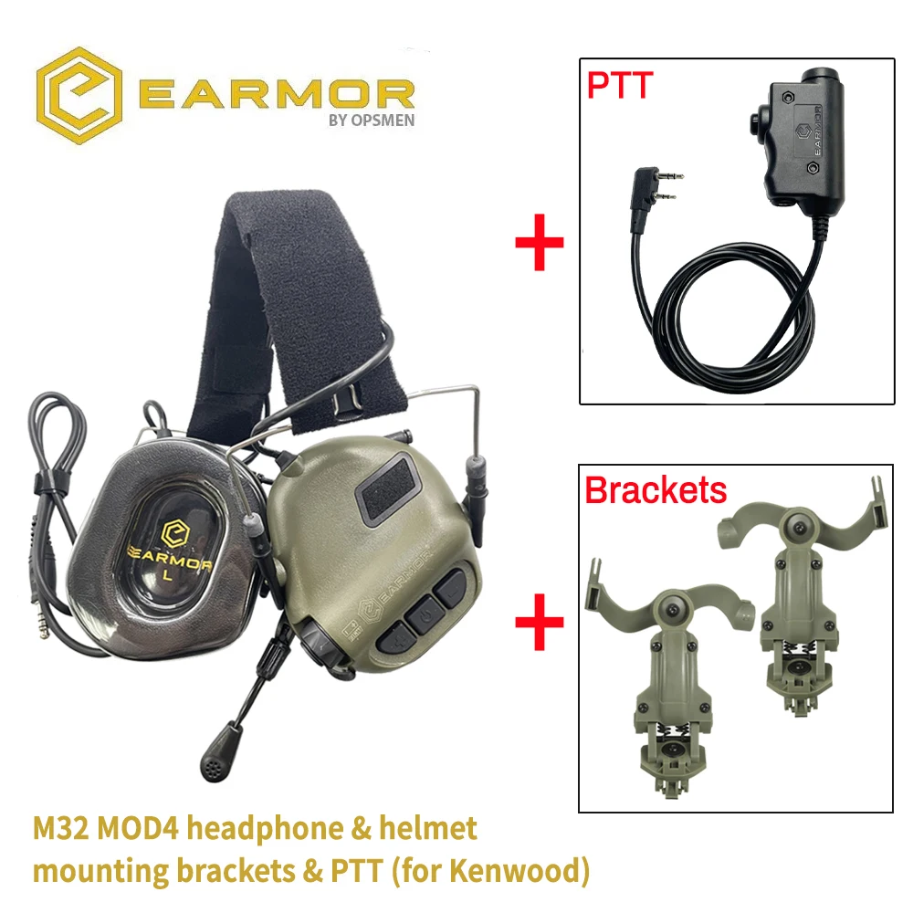 EARMOR M32 MOD4 Shooting Earmuffs Tactical Noise Reduction Headset with Helmet ARC Rail Adapter with M51 Kenwood PTT adapter