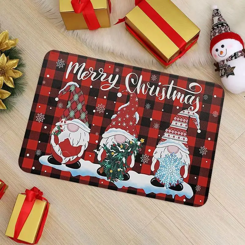 VIKAMA Christmas Gnome Doormat Red Black Buffalo Plaid Three Tomte Gnomes Welcome Mat Xmas Front Entrance Rug Holiday Decor