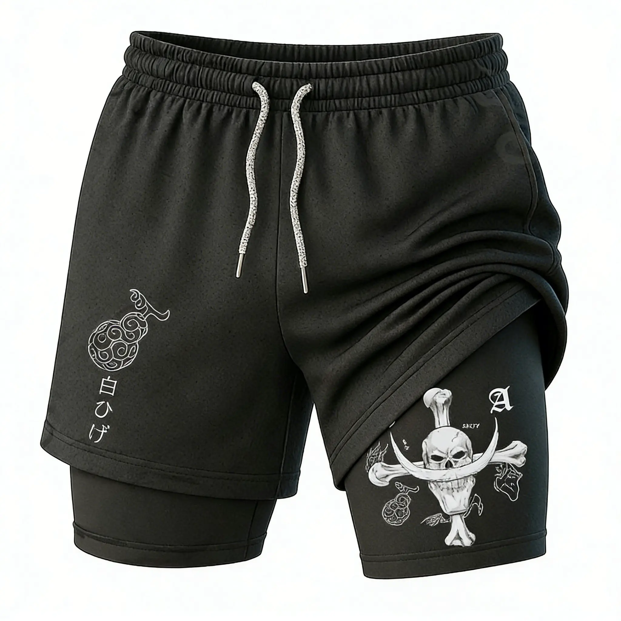 Anime Mens Gym Shorts Summer Y2k One Piece Streetwear Fitness Sports Pants Breathable Mesh Double-layer 2 in 1 Shorts Sportswear