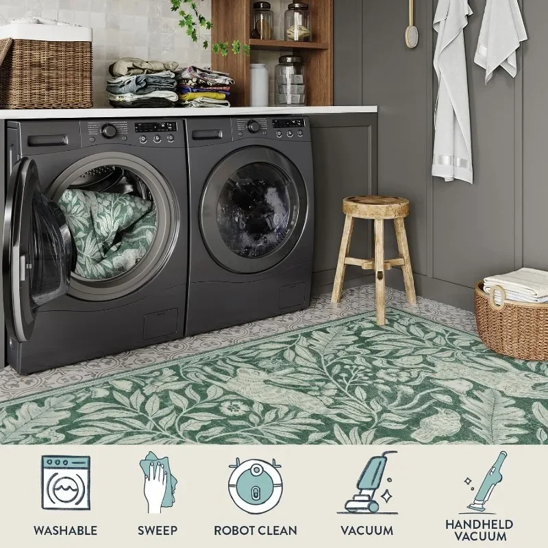 Living Room Carpet Soft Washable Rugs for Dining Room Vintage Print Green Bedroom Carpets Stain Resistant Coffee Table Floor Mat - view 6