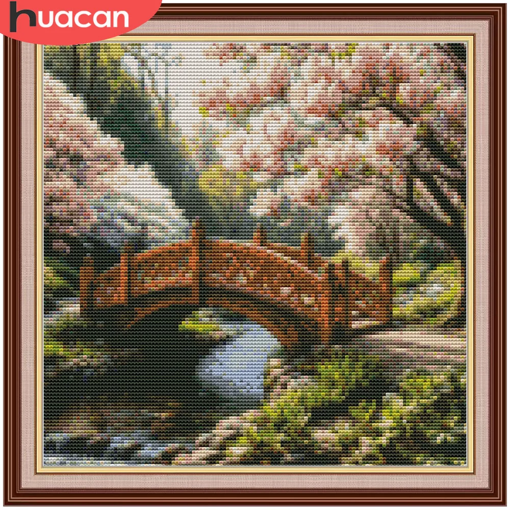 Kits de broderie HUACAN, paysage de pont, art DIY, kits de point de croix 11CT, fleurs de cerisier, couture à la main, ensemble DMC, articles de décoration intérieure