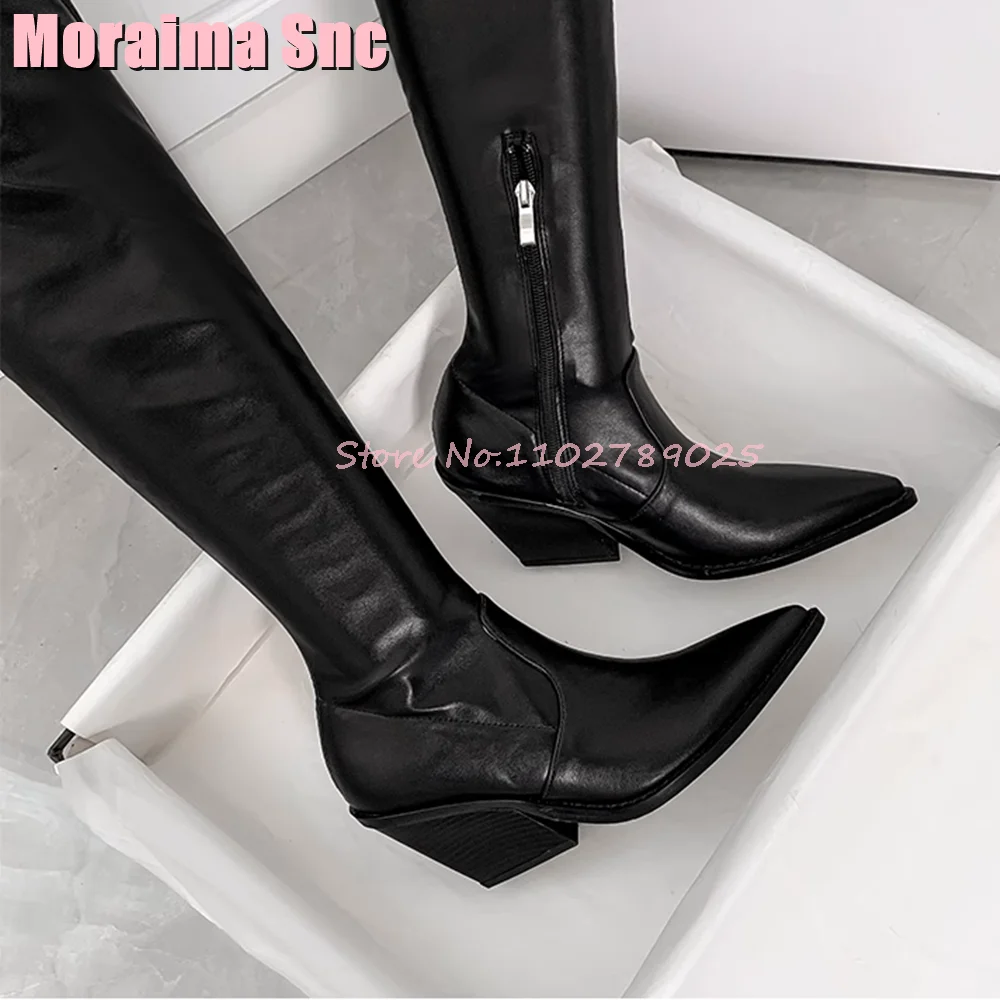 

Black Pointed Toe Thigh High Boots Block Chunky Heeled Side Zipper Fashion Women Autumn Winter Boots Over-The Knee Solid 2024