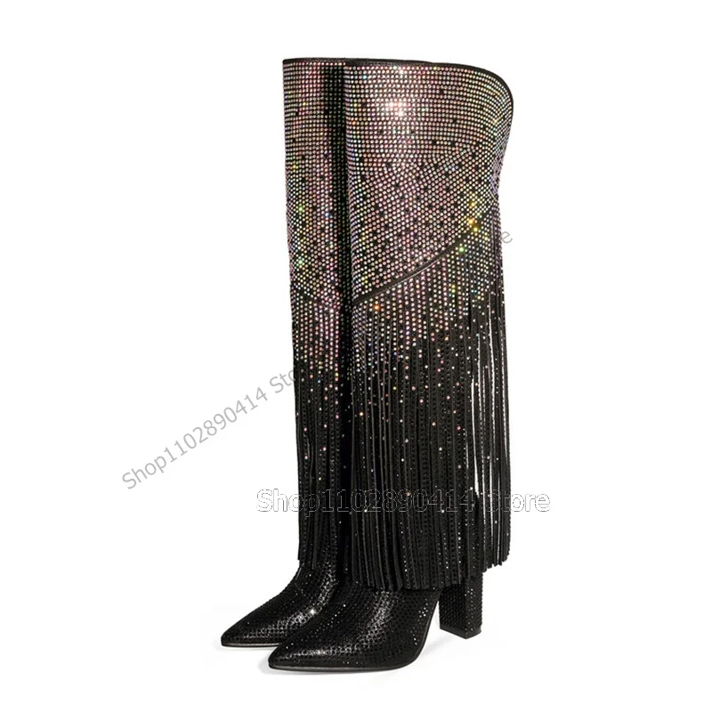 Colorful Rhinestone Tassels Decor Pointed Toe Boots Slip On Women Shoes Chunky High Heels Sexy Runway 2023 Zapatos Para Mujere