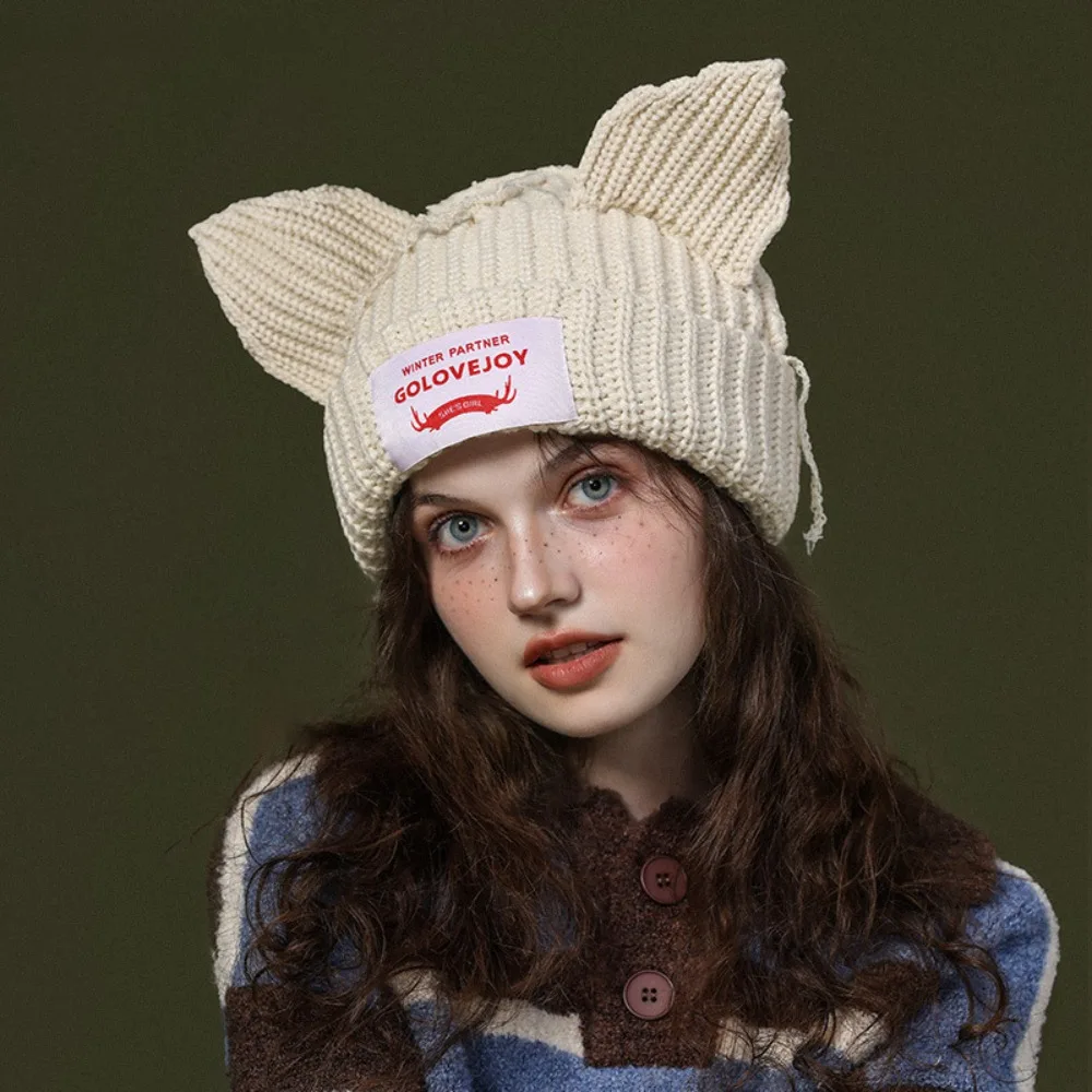 Double-layer Loverboy Cat Ear Knit Hat Warm Hooded Cap Knitted Cap Niche Design Hip-hop Personality Cold Hat Autumn and Winter