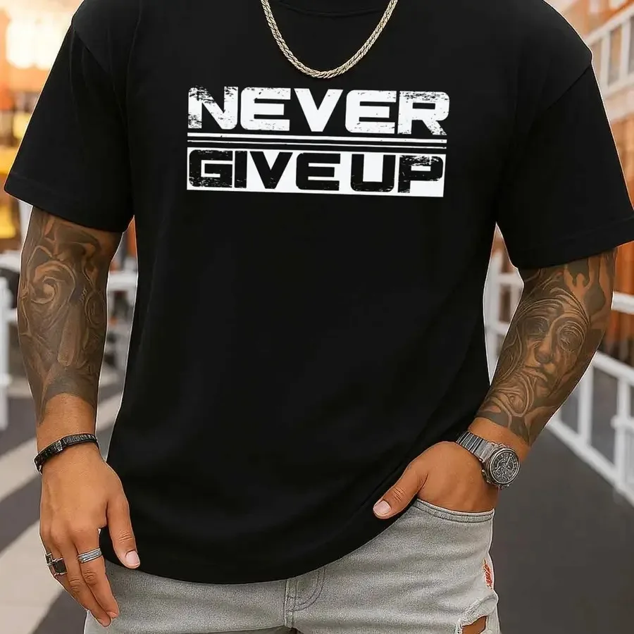 Men's Never Give Up Bold Tee Black Elegant Funny T-Shirt Comfortable Loose Fit Vintage-Inspired All-Season Wearable Crew Neck R
