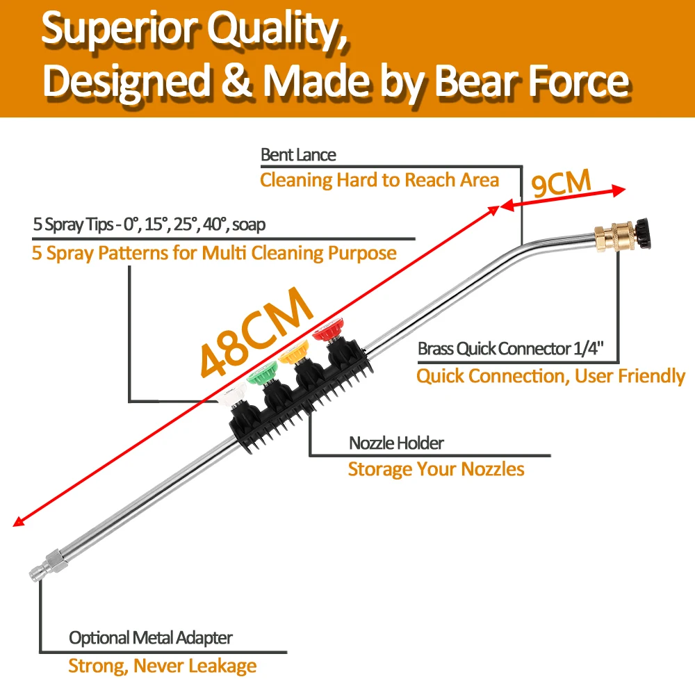 Pressure Washer Wand Extension with Adapter Car Washer Jet Lance Nozzle 5 Spray for Karcher Bort Nilfisk Huter Hyundai STIHL