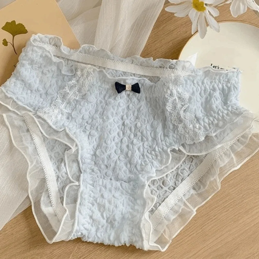 

Lingerie Bow Lace Panties Seamless Low Waist Ruffle Bubble Briefs Cotton Crotch Sweet Women Underwear Gifts