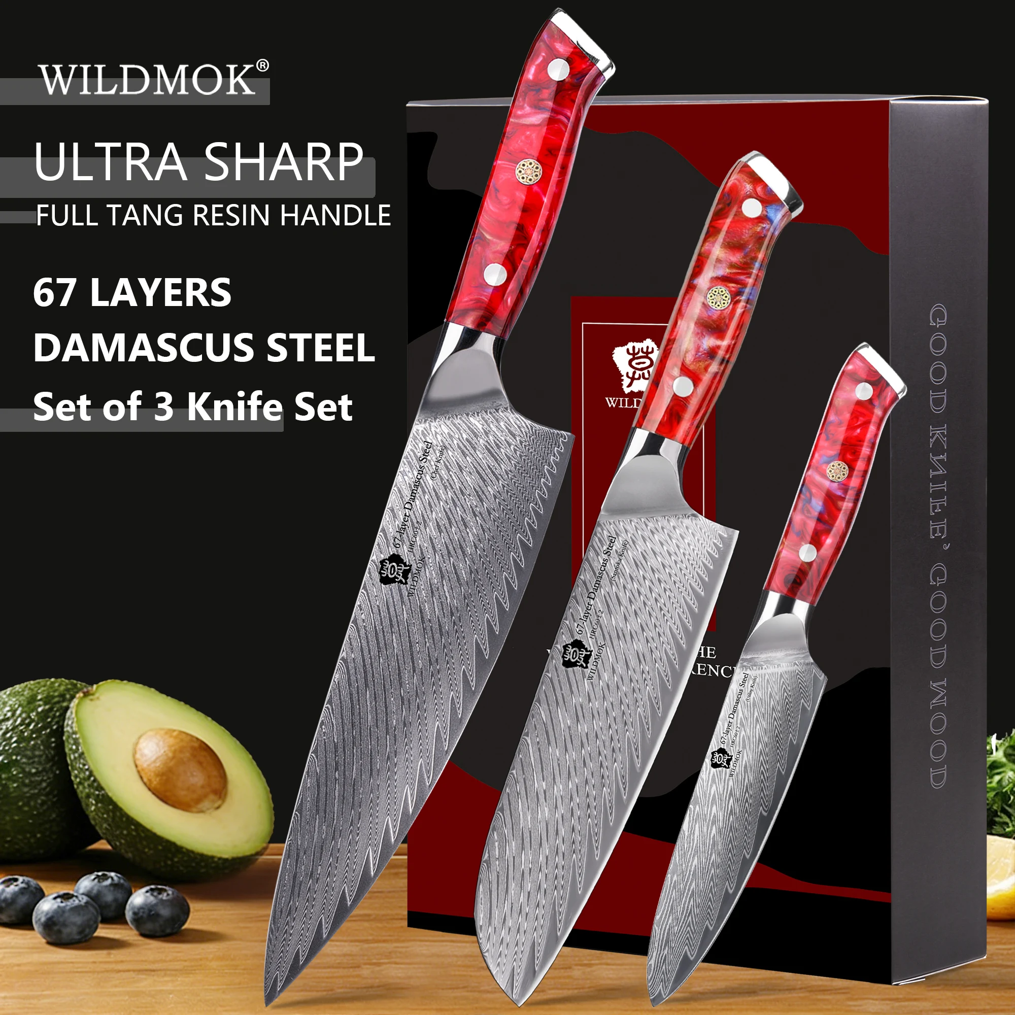 WILDMOK 67 Layer VG10 Japanese Damascus Steel 3 PCS Kitchen Knife Set Red Resin Handle Professional Cooking Cutlery