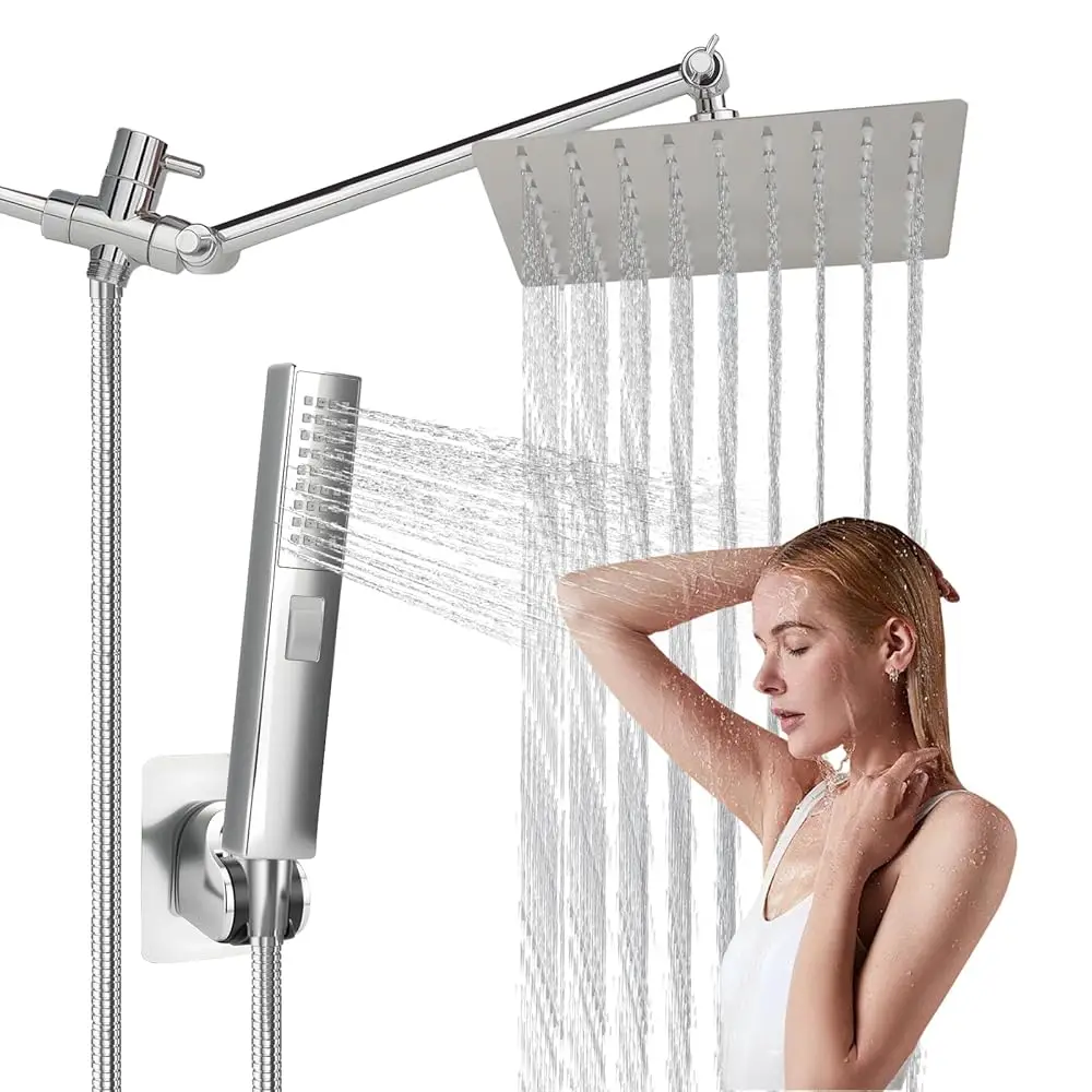

Free Shipping-Rainfall Shower Head with Handheld Combo, Rain Shower Head with Handheld Spray 180° Adjustable With Extension Arm,