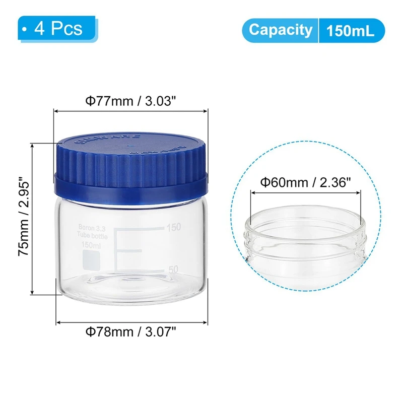 4 Pack Reagent Media Storage Bottles, Borosilicate Glass Wide Mouth Graduated Round Bottles With GL32 Screw Cap