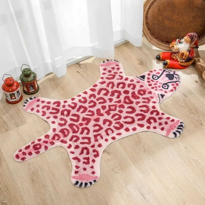 VIKAMA Pink Leopard Print Irregular Rug,Soft Faux Cowhide Floor Mat,Animal‑Shaped Non‑Slip Decor Carpet for Bedroom Living Room