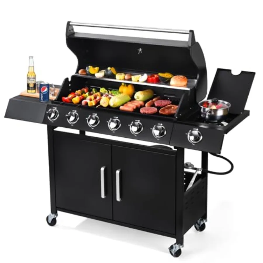

Газовый гриль с 6 конфорками и боковой горелкой, 403 кв. дюйма, 60000 BTU, пропановый, уличный, с верхней крышкой, из нержавеющей стали, черный, большой