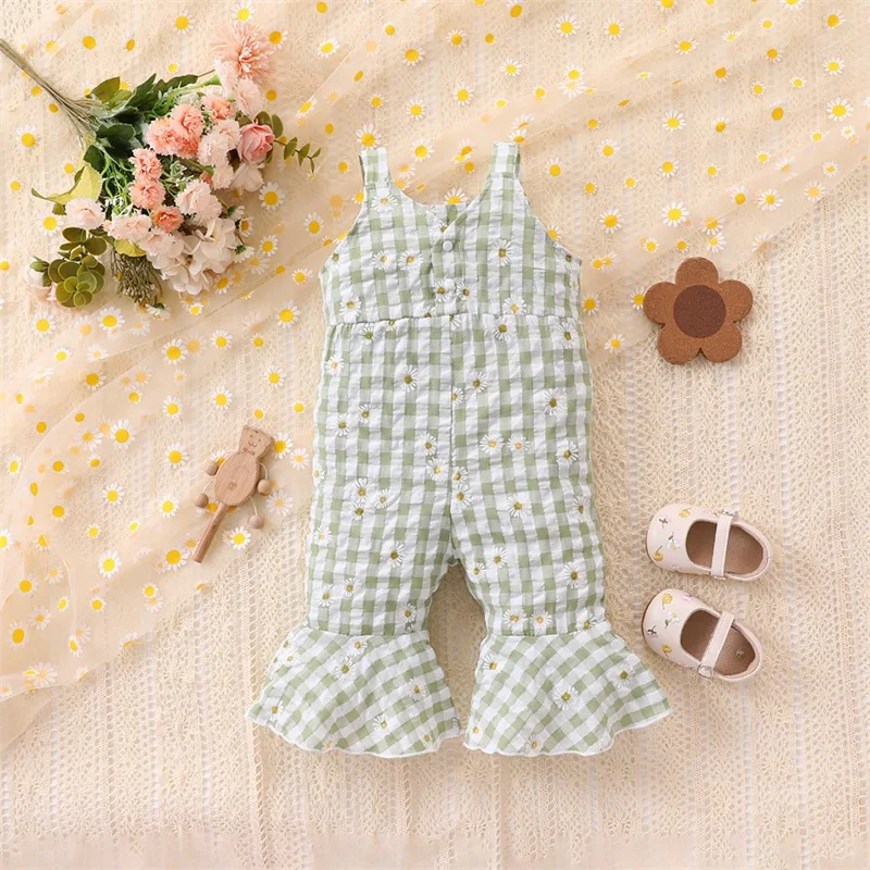 

Baby Girls Jumpsuit Sleeveless Plaid Flower Print Summer Romper Clothes for Casual Daily