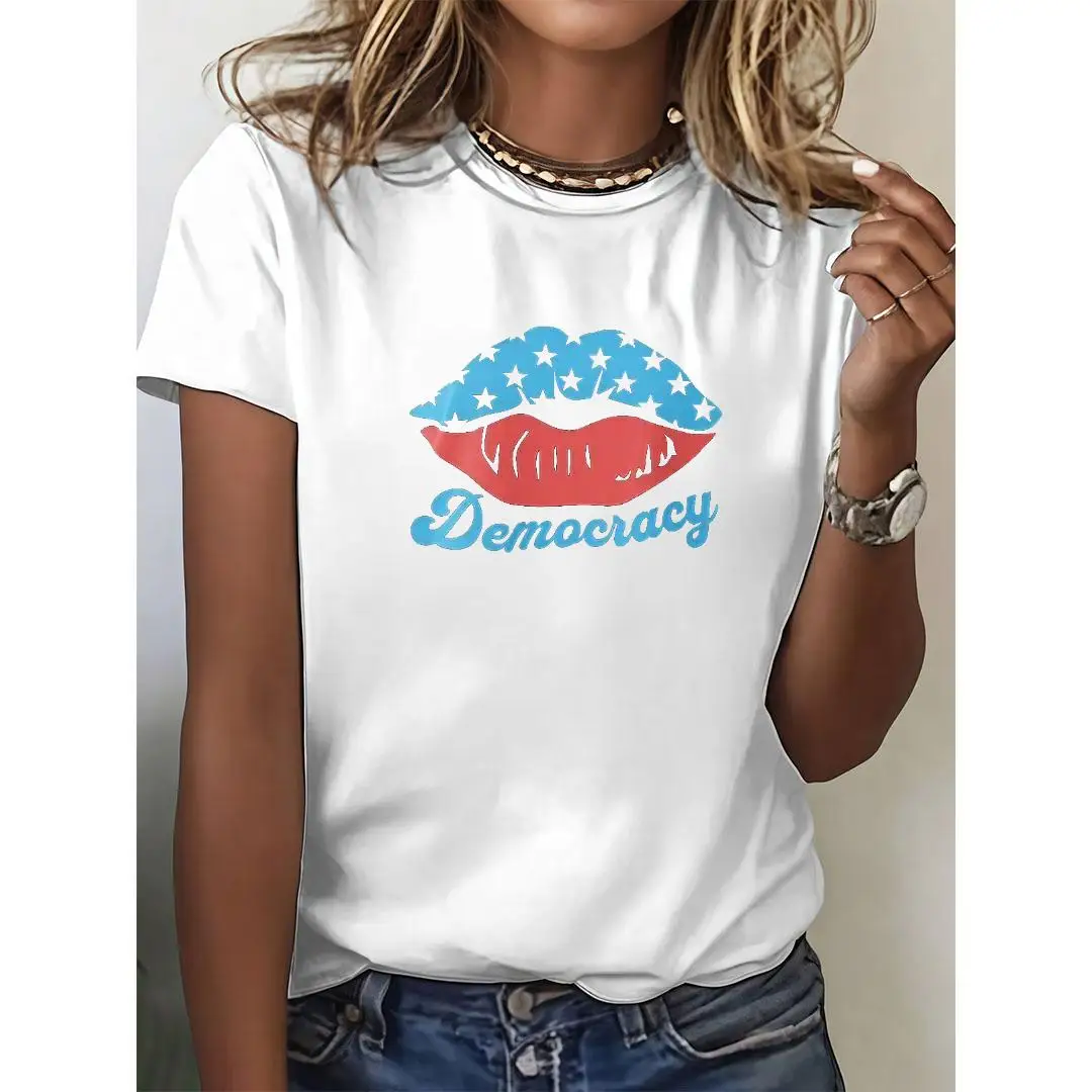 

Democracy Lip Print Graphic T-Shirt Women’s Patriotic USA Flag Style Tee for 4th of July, Independence Day or Summer Party