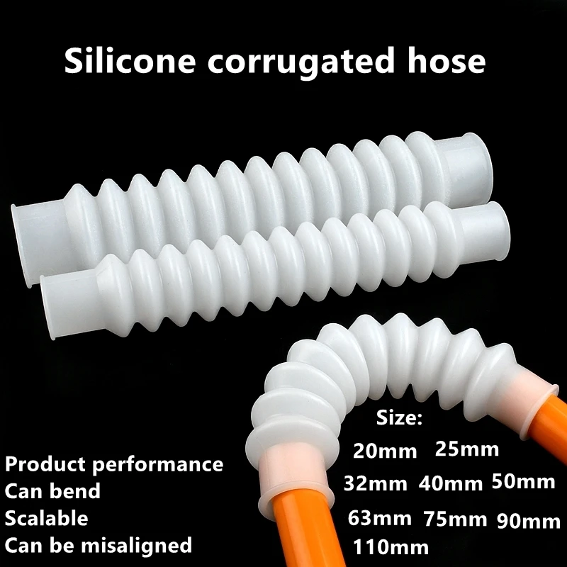 1PC I.D 20~110mm Silicone Corrugated Pipes Rubber Hose Expansion and Bending Water Tube PVC Flexible Connection Threaded Pipe