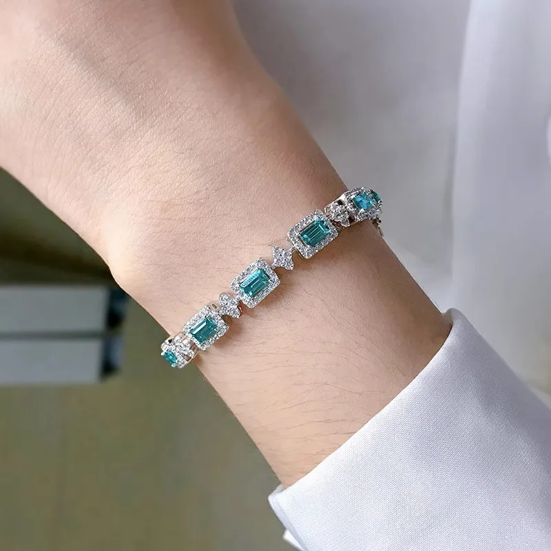 Luxury Silver Color Palaiba Bracelet for Women Girls 17cm Long Popular Emerald Tourmaline Bracelet Wedding Party Jewelry Gift