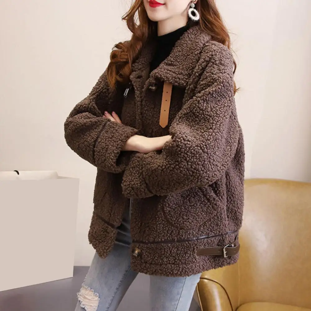 Regular Fit Plush Coat Stylish Winter Women's Coat with Turn-down Collar Plush Pockets Belt Decor Warm Windproof Jacket for Cold