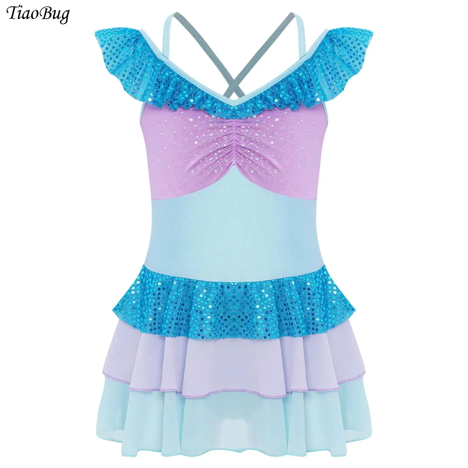 

Girls Ballet Dress Figure Ice Skating Dance Costume Cross Back Shiny Sequin Rhinestones Ruched Color Block Tiered Ruffled Dress