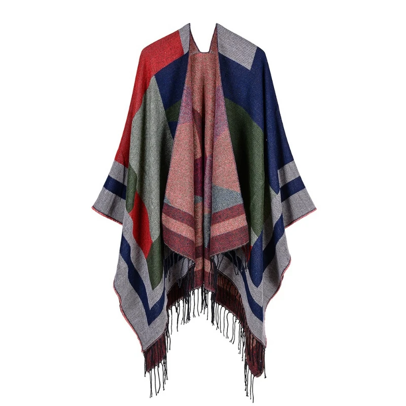 Women Geometric Color Block Tassel Shawl Cape Autumn Winter Open Front Poncho Warm Oversized Wrap Coat