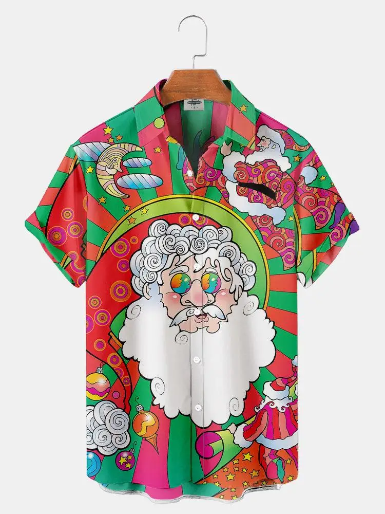 New Year Christmas Snowman Claus Anime Pattern Hawaiian Shirt For Men Y2k Casual Short Sleeve Funny Summer Oversized Clothes