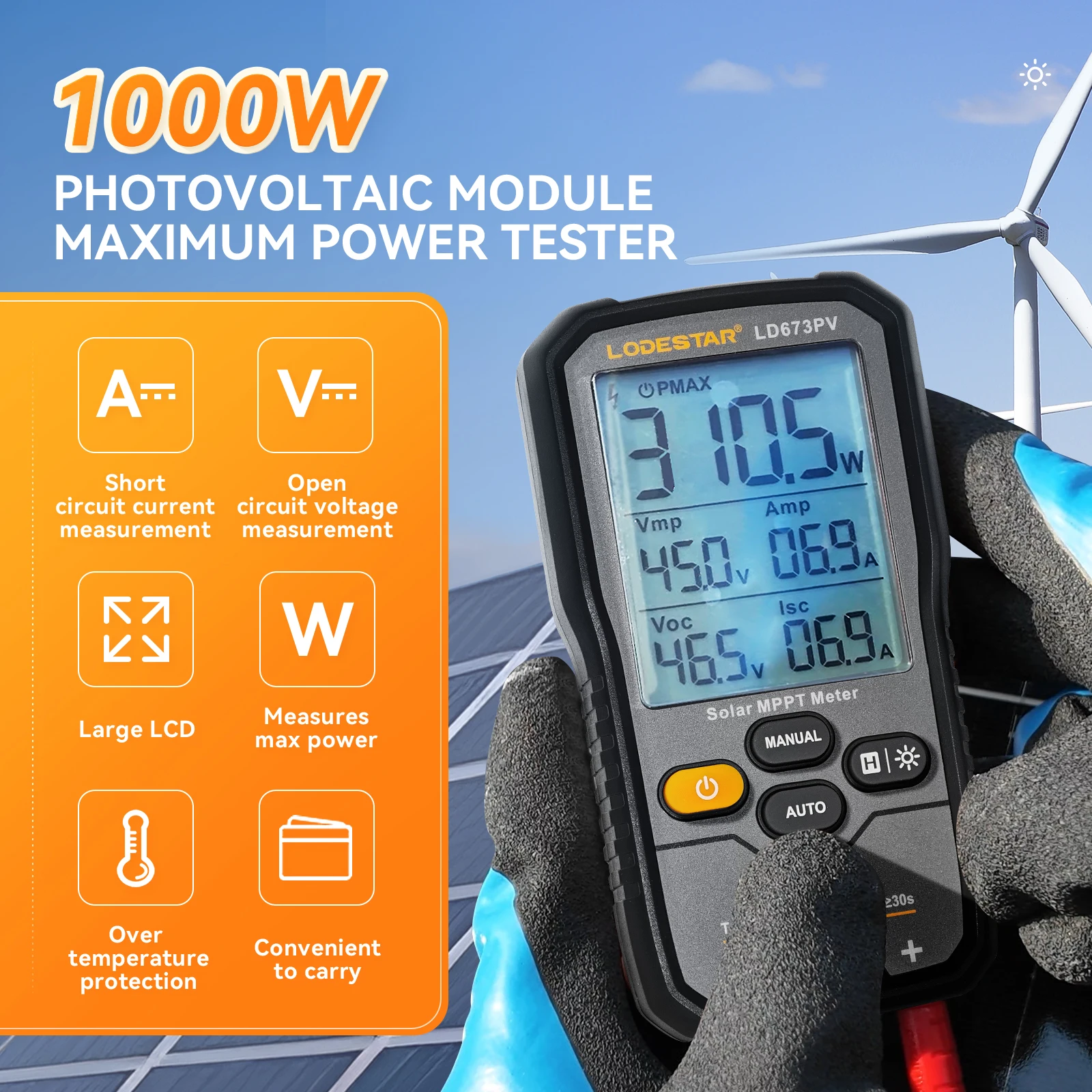 

Измеритель солнечных панелей LODESTAR LD673PV MPPT 1000/2000 Вт для определения точки максимальной мощности и пикового напряжения в режиме открытого контура