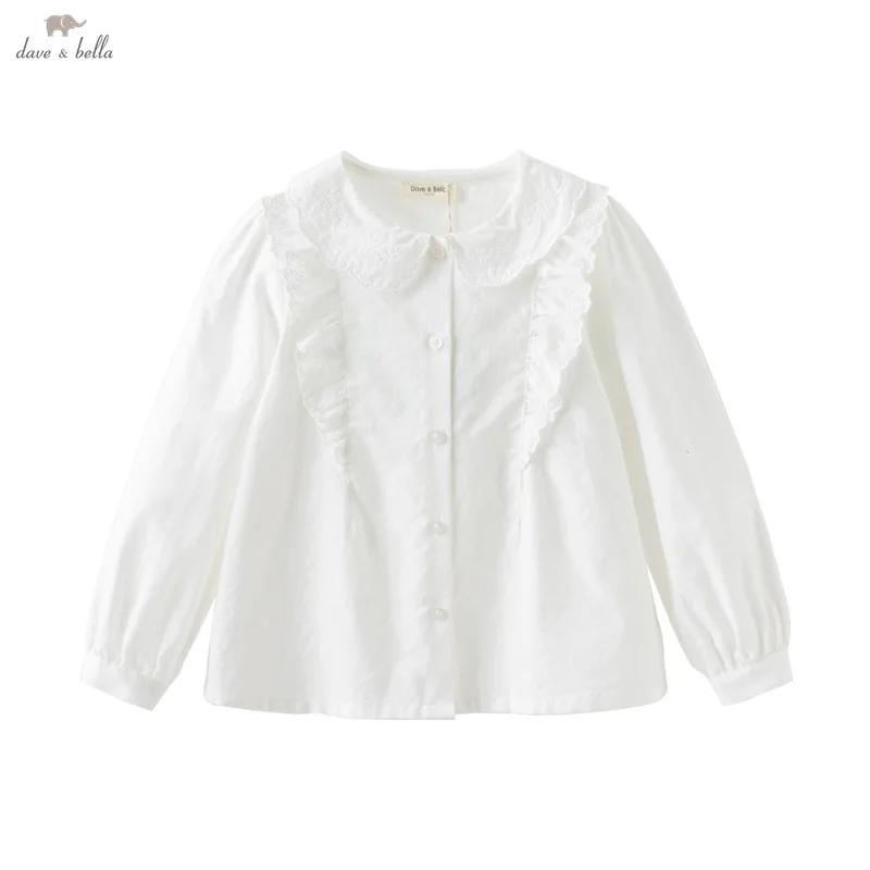 Dave Bella Girls' White Shirt 2025 Spring New Fashion Casual Cute Doll Collar Children's Pure Cotton Blouse Top Party DK1250286