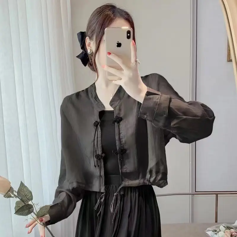 Chinese Style Vintage Summer Women\'s Sunscreen Shirts Button Long Sleeve Blouses For Elegant Ladies Sun-proof Casual Clothing