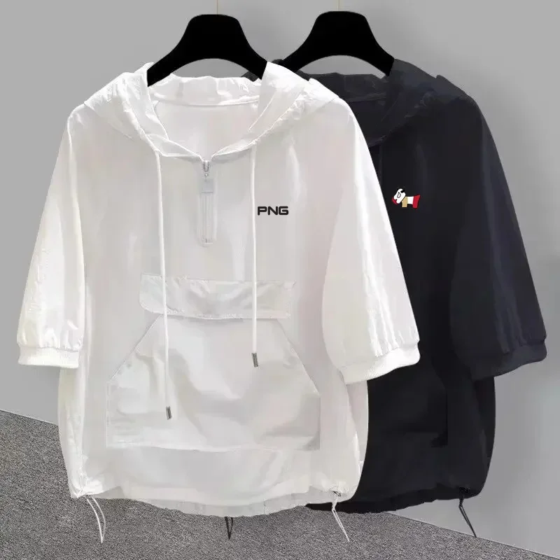 Trendy Hooded Short Sleeve T-shirt Men's Golf Clothing NEW Summer Loose Fit Korean Style Ins Golf Wear Golf Half Sleeve T-shirt