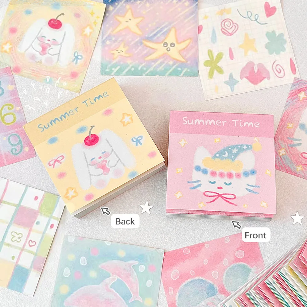120 Sheets Summer Cute Mini Memo Book, Cartoon Cat Jellyfish Dolphin Pattern Memo Paper, Decorative Materials