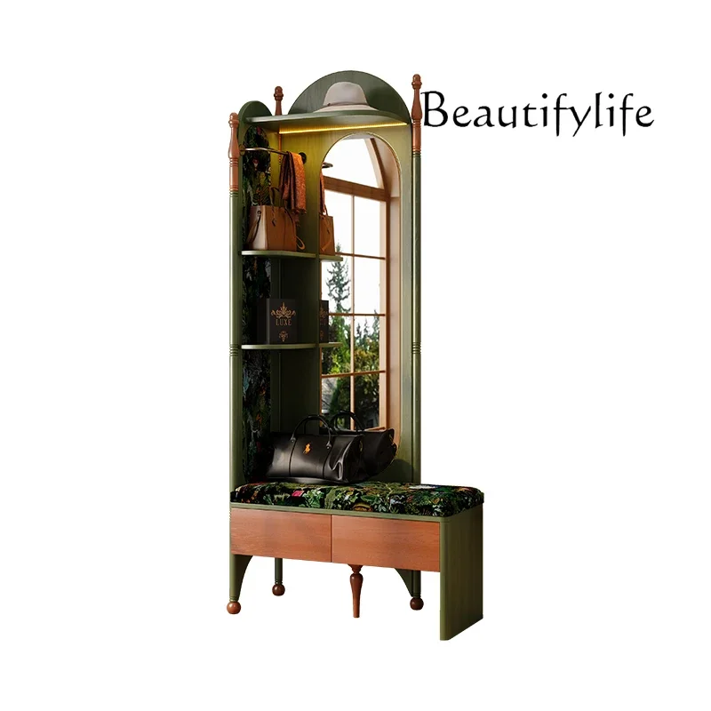 

X35 French Retro New Chinese Solid Wood Coat Rack, Full-length Mirror, Shoe Change Stool, Integrated Entrance Door And Entrance