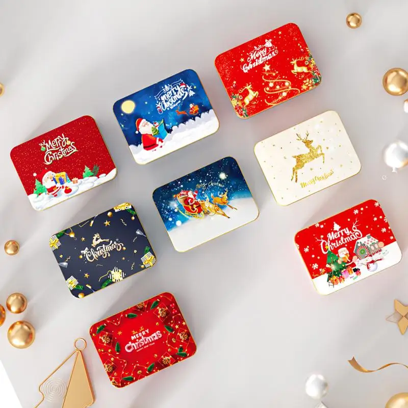 1pc Christmas Tinplate Candy Tin Can Metal Box Cartoon Elk Santa Claus Letter Printed Xmas Candy Cookie Tea Storage Gift Case