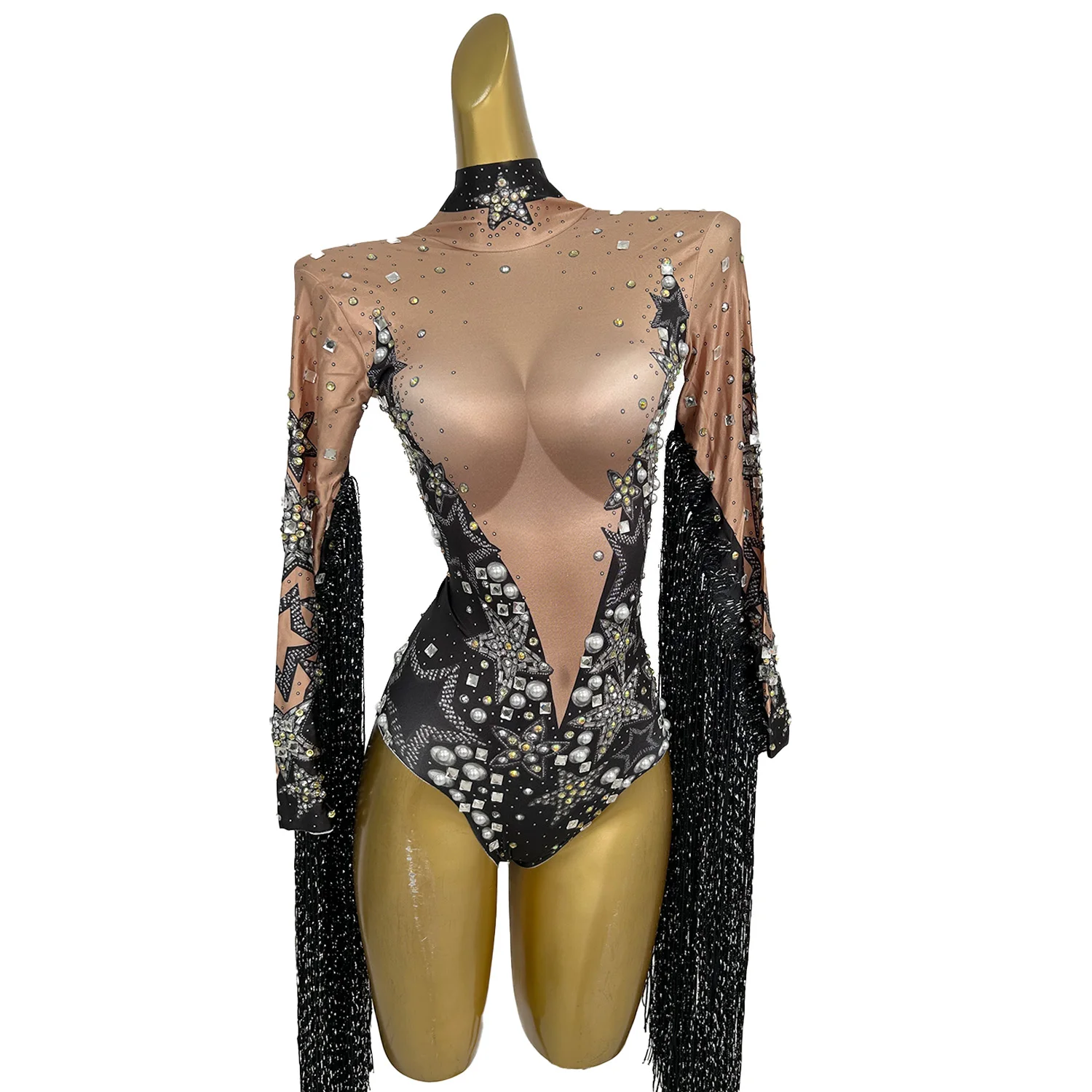 

high stretch spandex fabric tight fitting jumpsuit tassel design on sleeves carnival parties stage performances dress liuxing