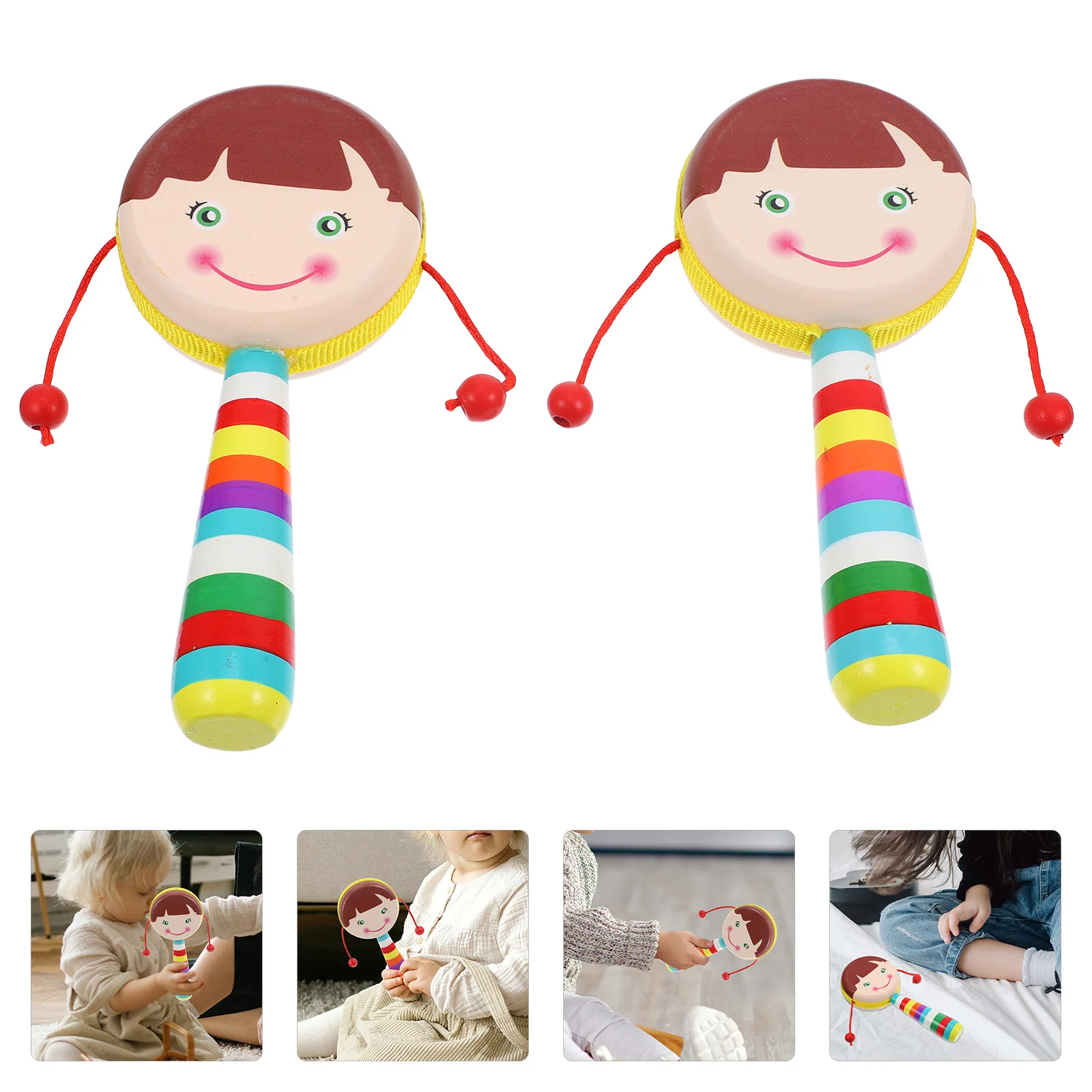 

2Pcs Wooden Rattle Cartoon Elements Portable Handheld Rattle for Kids Music Love Parent-Child Interaction and Coordination