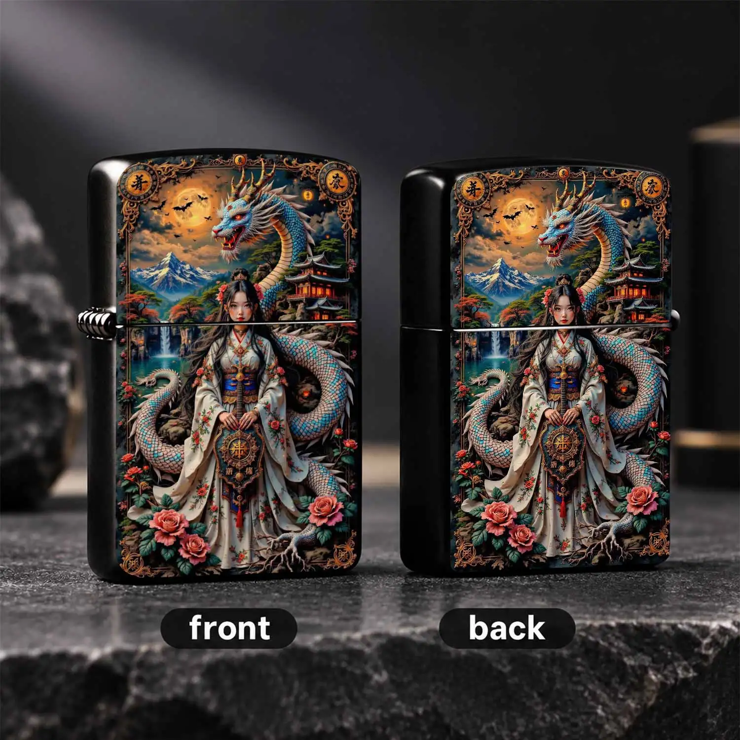 Eastern Style Style Lighter Featuring Eastern Beauty And Auspicious Dragon Pattern, Retro Landscape Ancient Building Full Moon Art Decor, Portable Practical Accessory For All Occasions, Exquisite Printed Collectible Gift For Daily Use A Hum