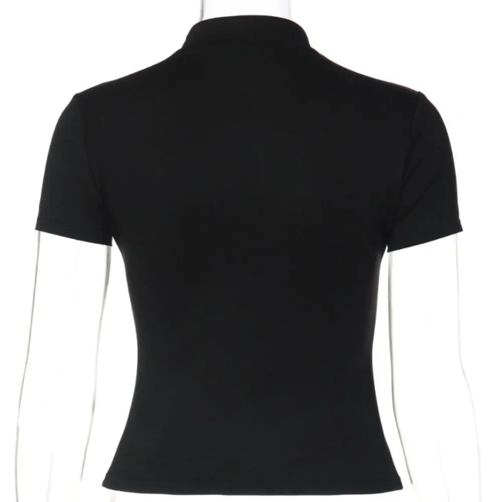 Stand Collar Hollow Out T-Shirt Chinese Style Keyhole Cutout Mandarin Collar Top Short Length Slim Fit Short Sleeve Tee
