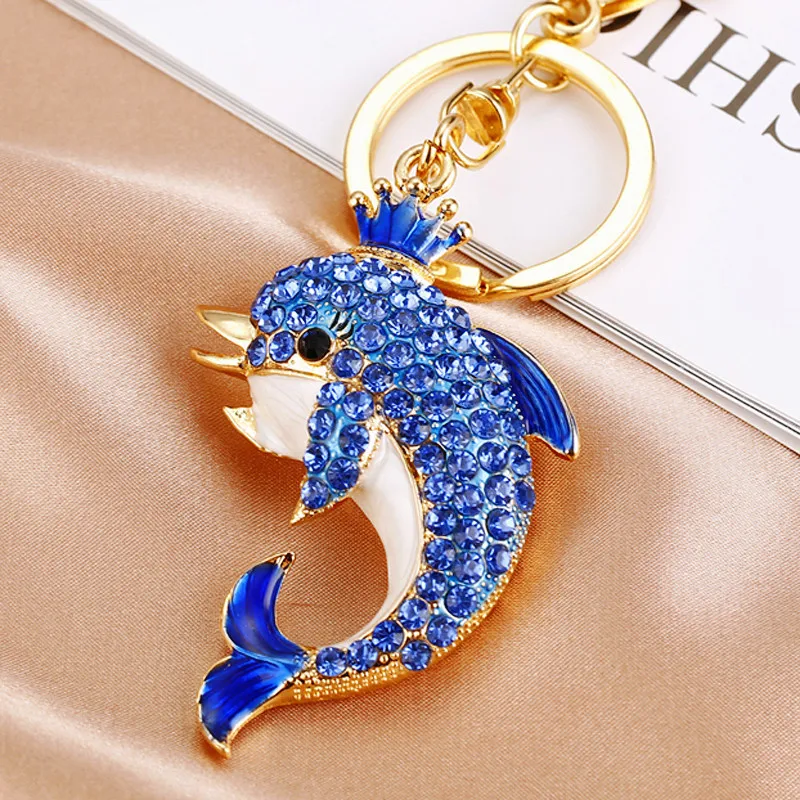 luxury designer jewelry Dolphin Car Keychain with Rhinestone-inlaid Crown Korean trending jewelry motorcycle keychains