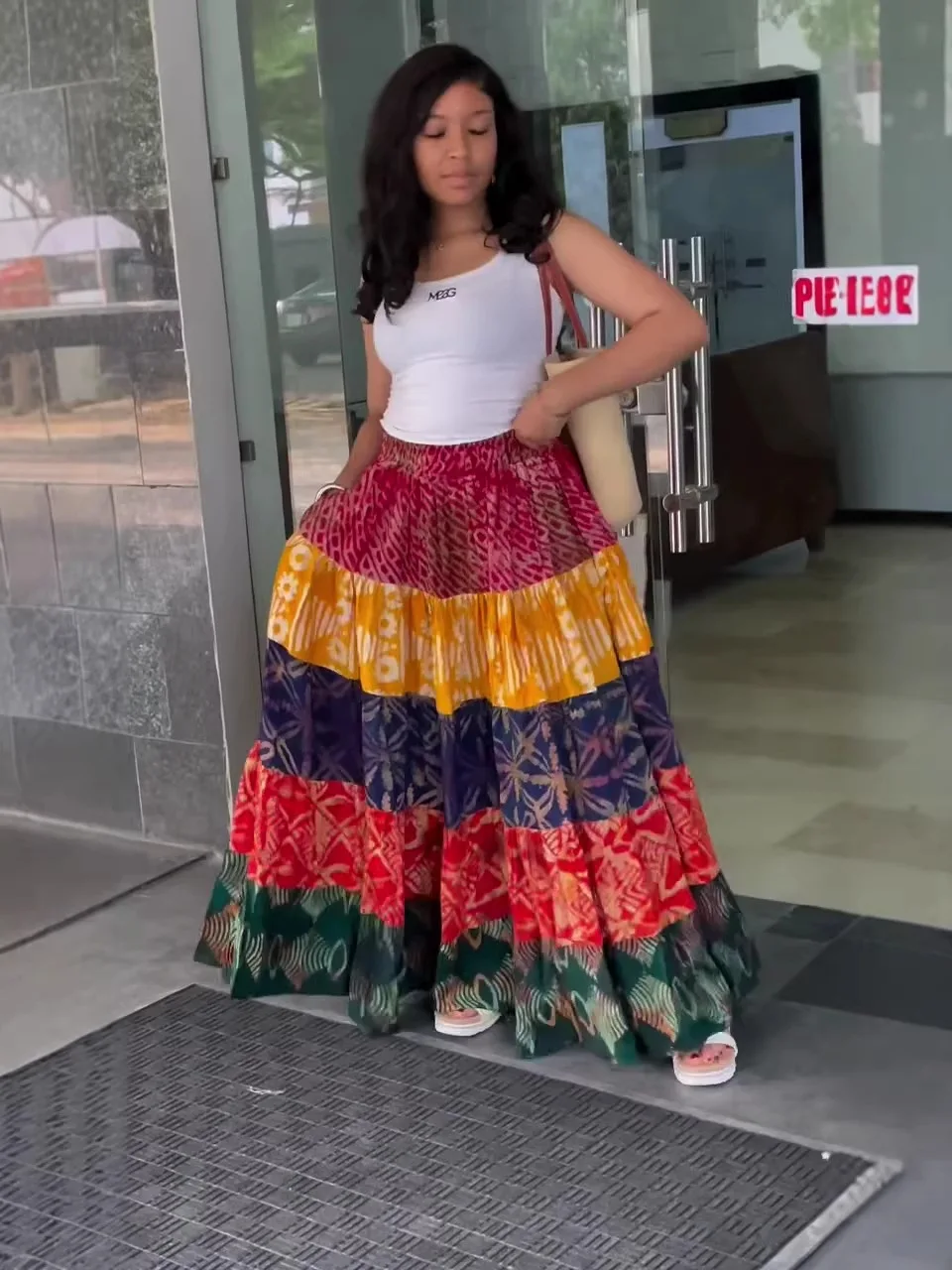 Boho African Print Women Maxi Skirt Color Block Tiered Long Skirt Elastic Waist A-line Skirt With Pocket