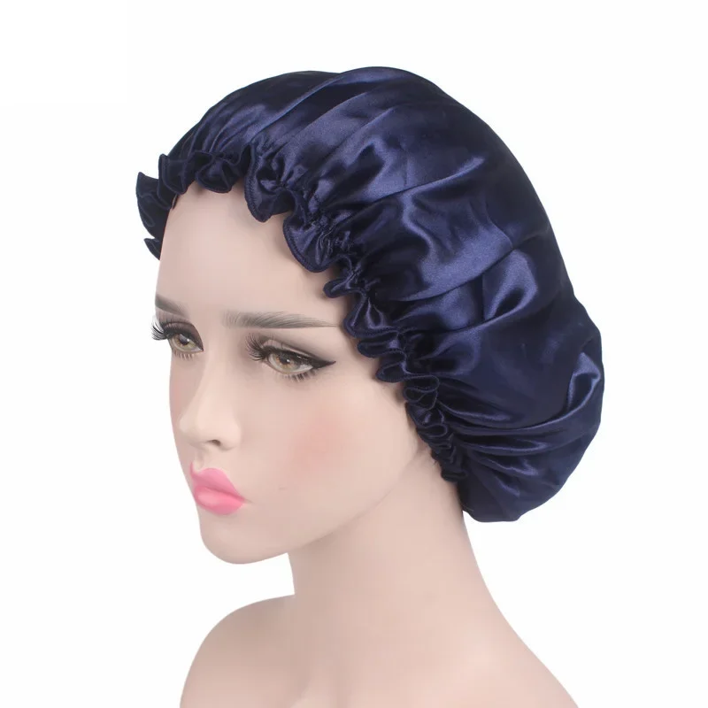 Women Silk Satin Night Sleep Cap Shower Caps Hair Care Beauty Bonnet Hat Head Cover Elastic Band Bathroom Shower Caps