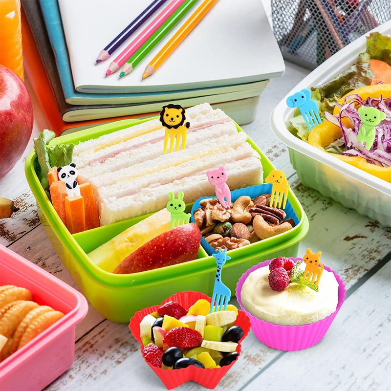 Cute Mini Animal Cartoon Food Picks Children Snack Cake Dessert Food Fruit Forks Silicone Lunch Box Dividers