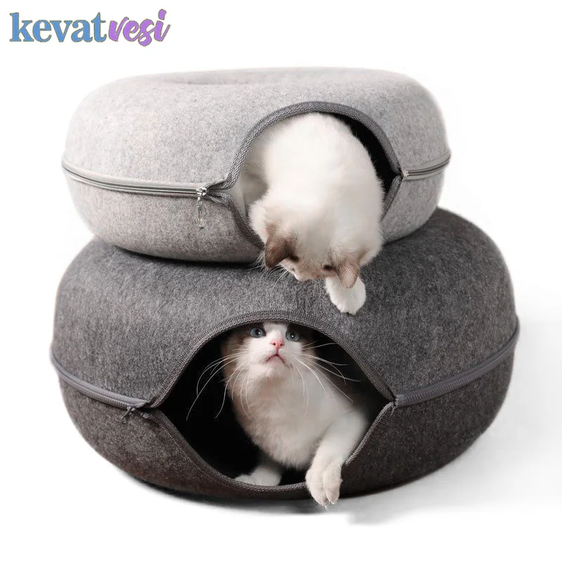 Donut Katzen bett Tunnel interaktives Bett Spielzeug haus für 2 Katzen Filz Haustier Katze halb geschlossen Höhle Indoor Training Zwinger Spielzeug