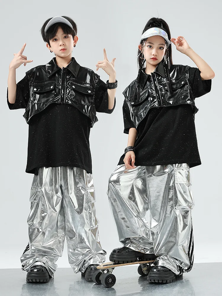 Girls Boys Hip Hop Leather Motorcycle Vest Cargo Pants Girl Waistcoat Street Dance Joggers Sleeveless Jacket Child Punk Costume